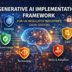 Generative AI Implementation Framework infographic showing five governance pillars for UK regulated industries by Surabhi Consulting.