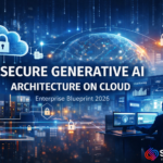Secure Generative AI architecture on cloud infographic showing protected cloud, monitoring dashboards and enterprise security framework by Surabhi Consulting.