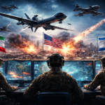 Military command centre using artificial intelligence to monitor drones, missiles, and battlefield intelligence during the 2026 conflict involving Iran, the United States, and Israel.